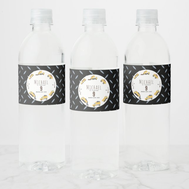 Cute Dump Trucks Construction Trucks Birthday Water Bottle Label (Bottles)