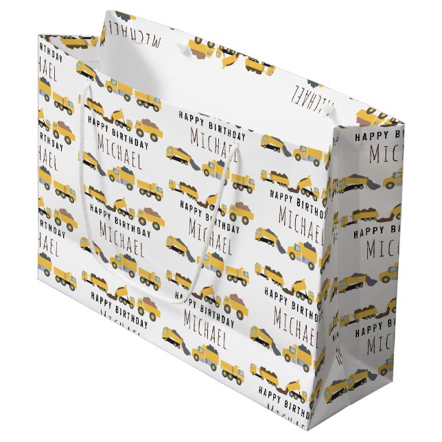 Cute Dump Trucks Construction Trucks Custom Name Large Gift Bag (Front Angled)