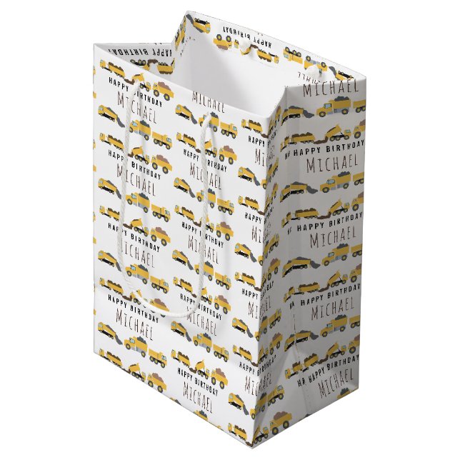 Cute Dump Trucks Construction Trucks Custom Name Medium Gift Bag (Front Angled)