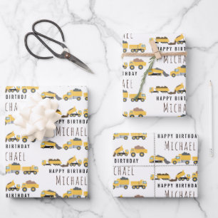 Cute Dump Trucks Construction Trucks Custom Name Wrapping Paper Sheet