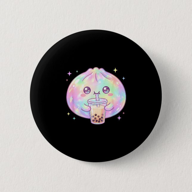 Cute dumpling drinking boba tea kawaii bubble tea 2 inch round button (Front)