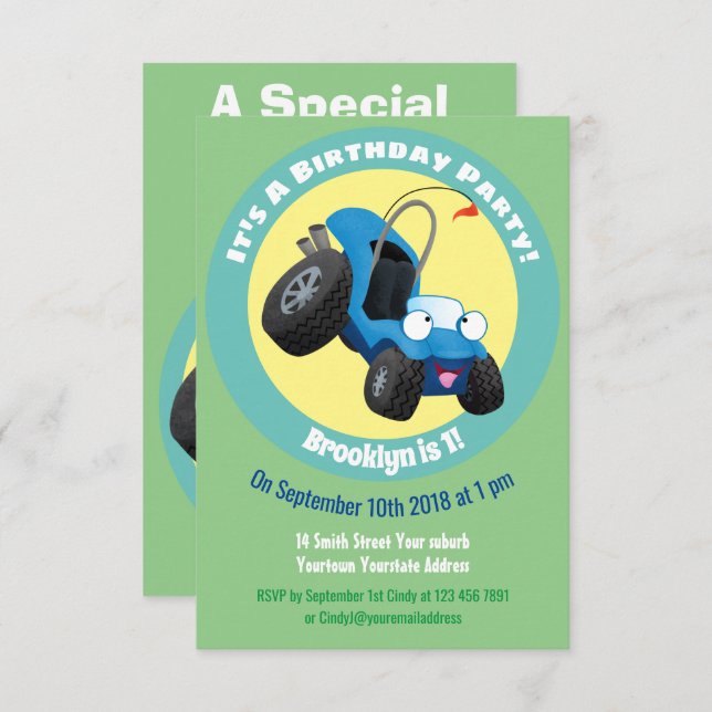 Cute dune buggy off road vehicle cartoon invitatio invitation (Front/Back)