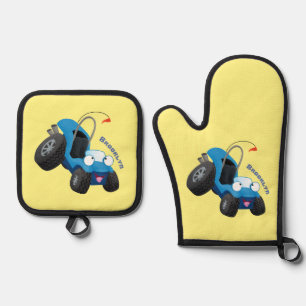 Cute dune buggy off road vehicle cartoon oven mitt & pot holder set