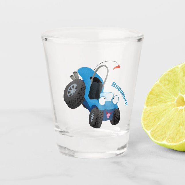 Cute dune buggy off road vehicle cartoon shot glass (Front)