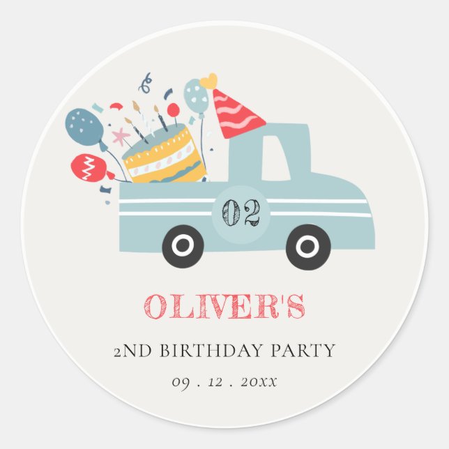 Cute Dusky Blue Any Age Birthday Party Cake Truck Classic Round Sticker (Front)