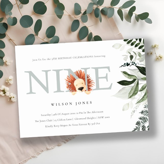 Cute Dusky Blue Lion Foliage 9th Ninth Birthday Invitation (Creator Uploaded)