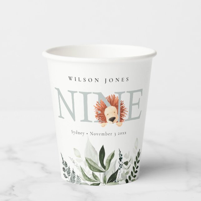 Cute Dusky Blue Lion Foliage 9th Ninth Birthday Paper Cups (Front)