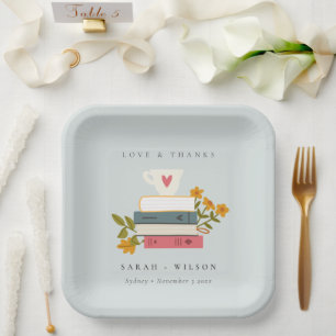 Cute Dusky Blue Stacked Storybooks Floral Wedding Paper Plate
