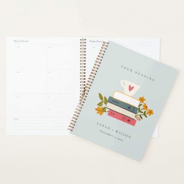 Cute Dusky Blue Stacked Storybooks Floral Wedding Planner (Display)