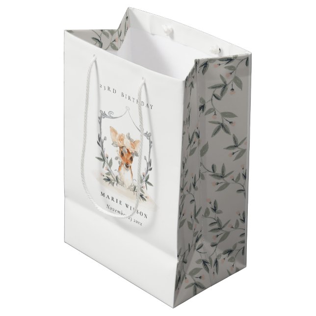Cute Dusky Deer Floral Crest Any Age Birthday Medium Gift Bag (Front Angled)