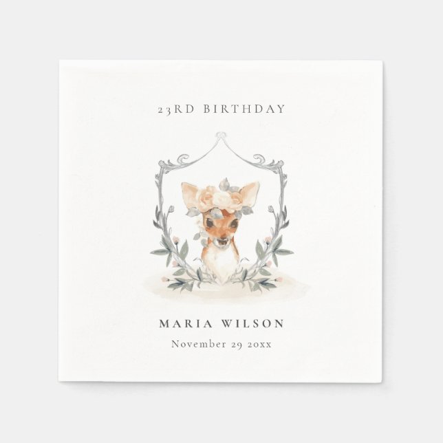 Cute Dusky Deer Floral Crest Any Age Birthday Napkin (Front)