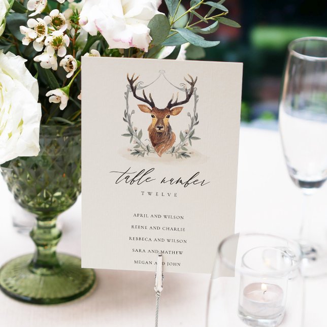Cute Dusky Deer Floral Crest Wedding Seating Table Number (Creator Uploaded)