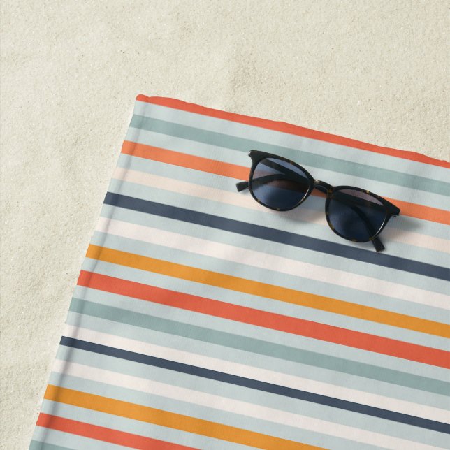 Cute Dusky Orange Blue Ochre Striped Pattern Beach Towel (In Situ)