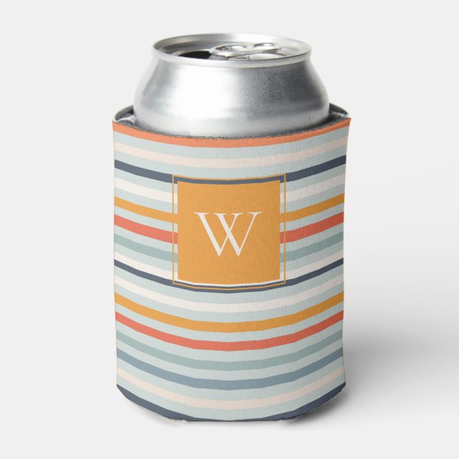 Cute Dusky Orange Blue Ochre Striped Pattern Can Cooler (Can Front)