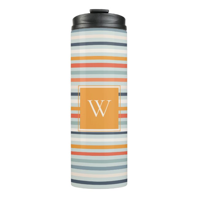Cute Dusky Orange Blue Ochre Striped Pattern Thermal Tumbler (Front)