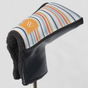 Cute Dusky Orange Blue Striped Pattern Monogram Golf Head Cover