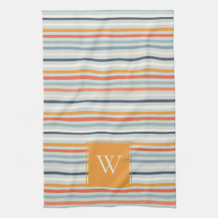 Cute Dusky Orange Blue Striped Pattern Monogram Kitchen Towel
