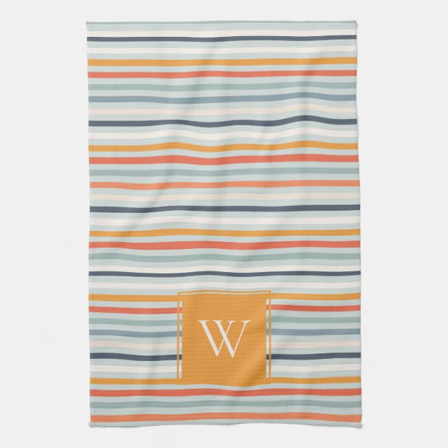 Cute Dusky Orange Blue Striped Pattern Monogram Kitchen Towel (Vertical)