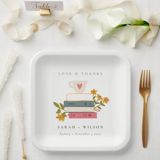 Cute Dusky Red Stacked Storybooks Floral Wedding Paper Plate (Wedding)