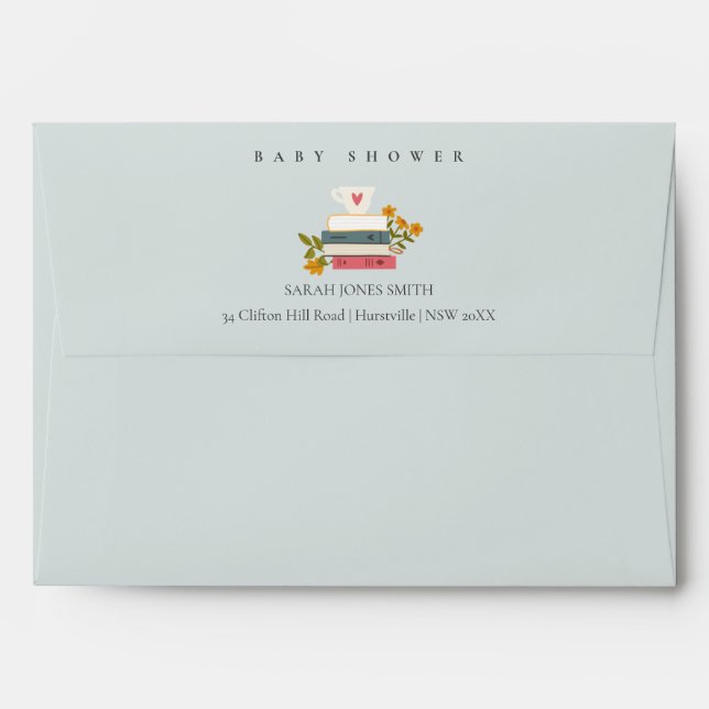Cute Dusky Stacked Storybooks Floral Baby Shower Envelope (Back (Top Flap))