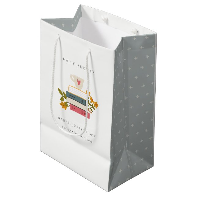 Cute Dusky Stacked Storybooks Floral Baby Shower  Medium Gift Bag (Front Angled)