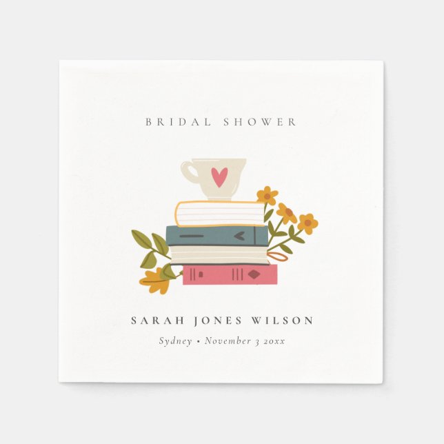Cute Dusky Stacked Storybooks Floral Bridal Shower Napkin (Front)