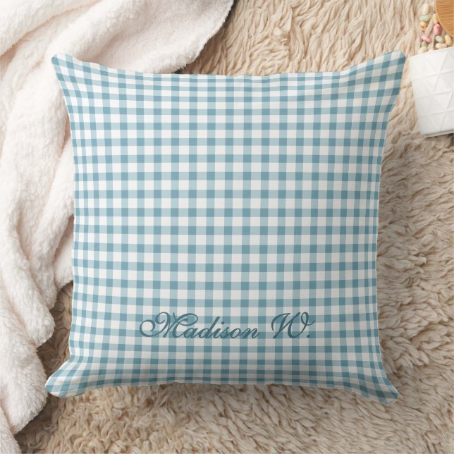 Cute Dusty Blue Gingham Pattern Throw Pillow (Blanket)