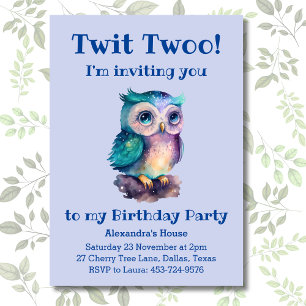 Cute Dusty Blue Owl Kids Woodland Birthday  Invitation
