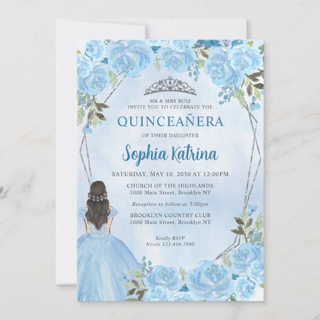 Cute Dusty Blue Silver Floral Princess Quinceañera Invitation (Front)