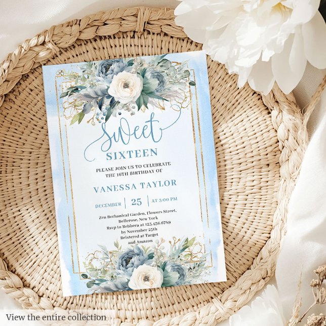 Cute Dusty Blue White Peonies Sweet 16 Invitation (Cute Dusty Blue White Peonies Sweet 16 Invitation)
