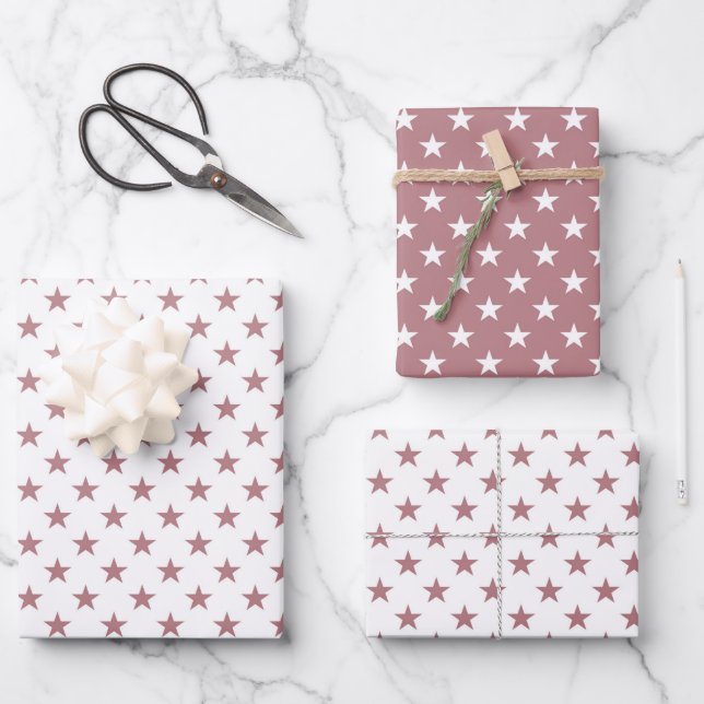 Cute Dusty Pink Stars Christmas Wrapping Paper Sheet (Front)