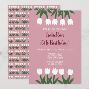 Cute Dusty Rose Floral Tulips Birthday Party Invitation