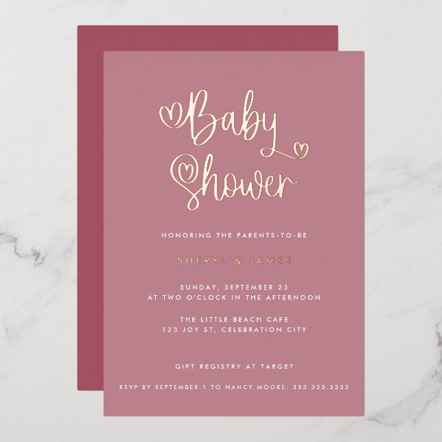 Cute Dusty Rose Pink Girl Heart Script Baby Shower (Front/Back)