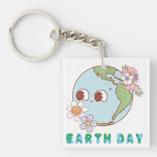Cute Earth with Flowers Happy Earth Day Floral Keychain