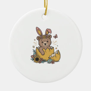 Cute Easter Bear in Cracked Egg Vintage Vector_1 Ceramic Ornament