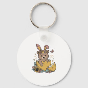 Cute Easter Bear in Cracked Egg Vintage Vector_1 Keychain