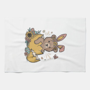 Cute Easter Bear in Cracked Egg Vintage Vector_1 Kitchen Towel