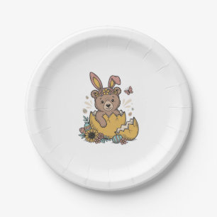 Cute Easter Bear in Cracked Egg Vintage Vector_1 Paper Plate