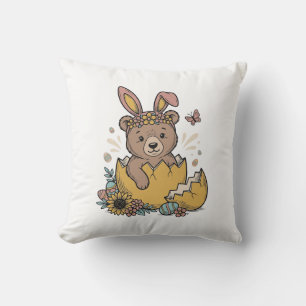 Cute Easter Bear in Cracked Egg Vintage Vector_1 Throw Pillow