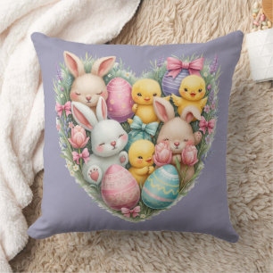 Cute Easter Bunnies and Chicks Pastel Cottagecore Throw Pillow