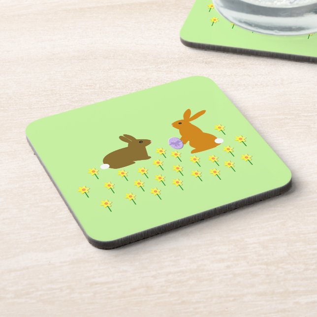 Cute Easter Bunnies and Daffodils Beverage Coaster (Left Side)