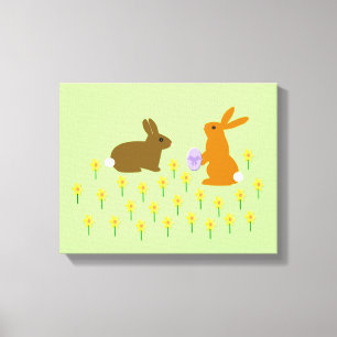 Cute Easter Bunnies and Daffodils Canvas Print