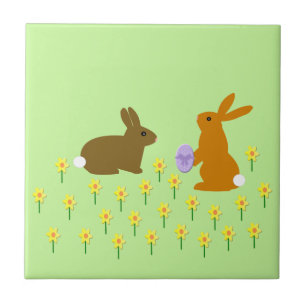 Cute Easter Bunnies and Daffodils Ceramic Tile