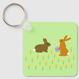 Cute Easter Bunnies and Daffodils Custom Keychain