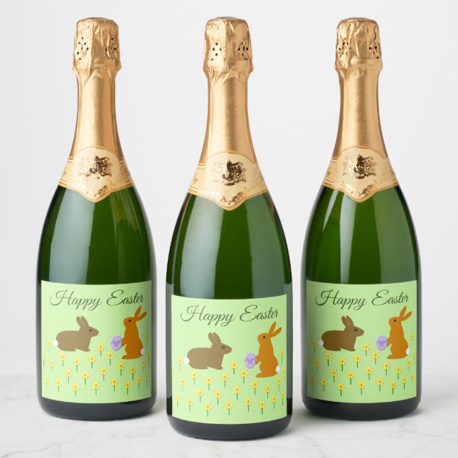 Cute Easter Bunnies and Daffodils Custom Sparkling Wine Label (Bottles)