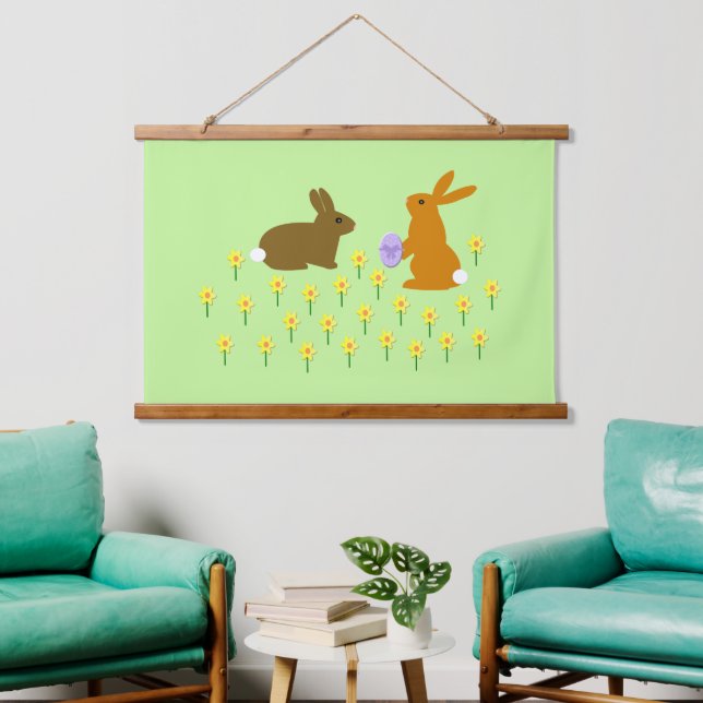 Cute Easter Bunnies and Daffodils Hanging Tapestry (Living Room)