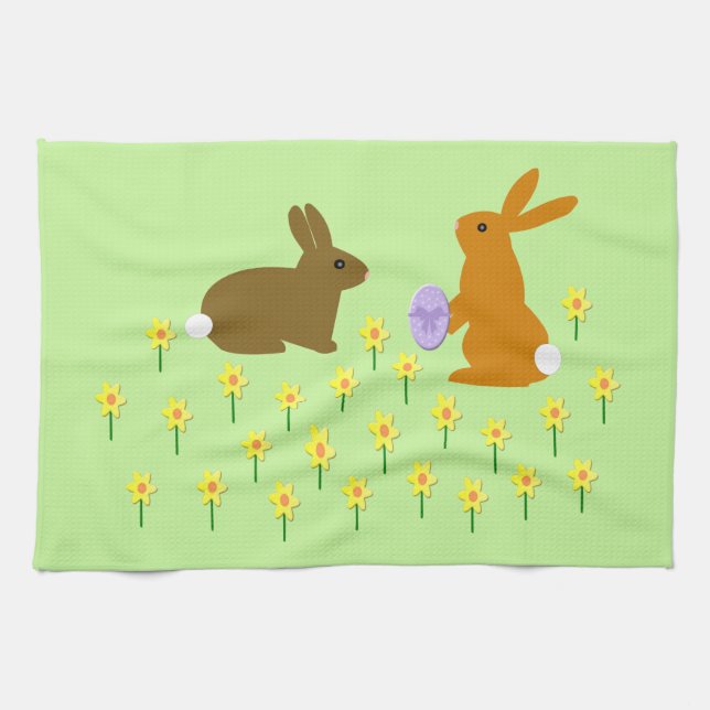 Cute Easter Bunnies and Daffodils Kitchen Towel (Horizontal)