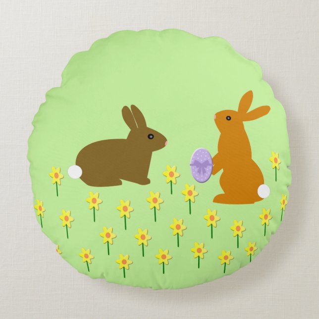 Cute Easter Bunnies and Daffodils Round Pillow (Front)