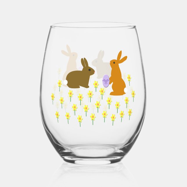 Cute Easter Bunnies and Daffodils Stemless Wine Glass (Front)