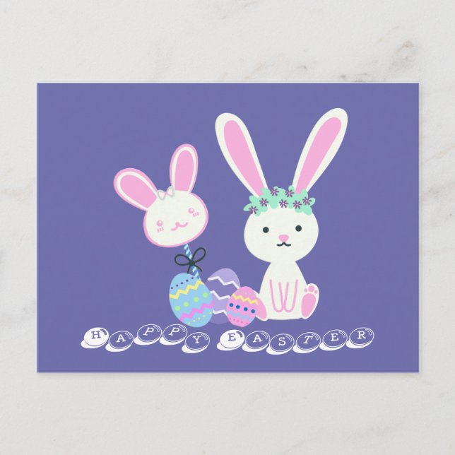 Cute Easter Bunnies and Eggs Illustration Holiday Postcard (Front)
